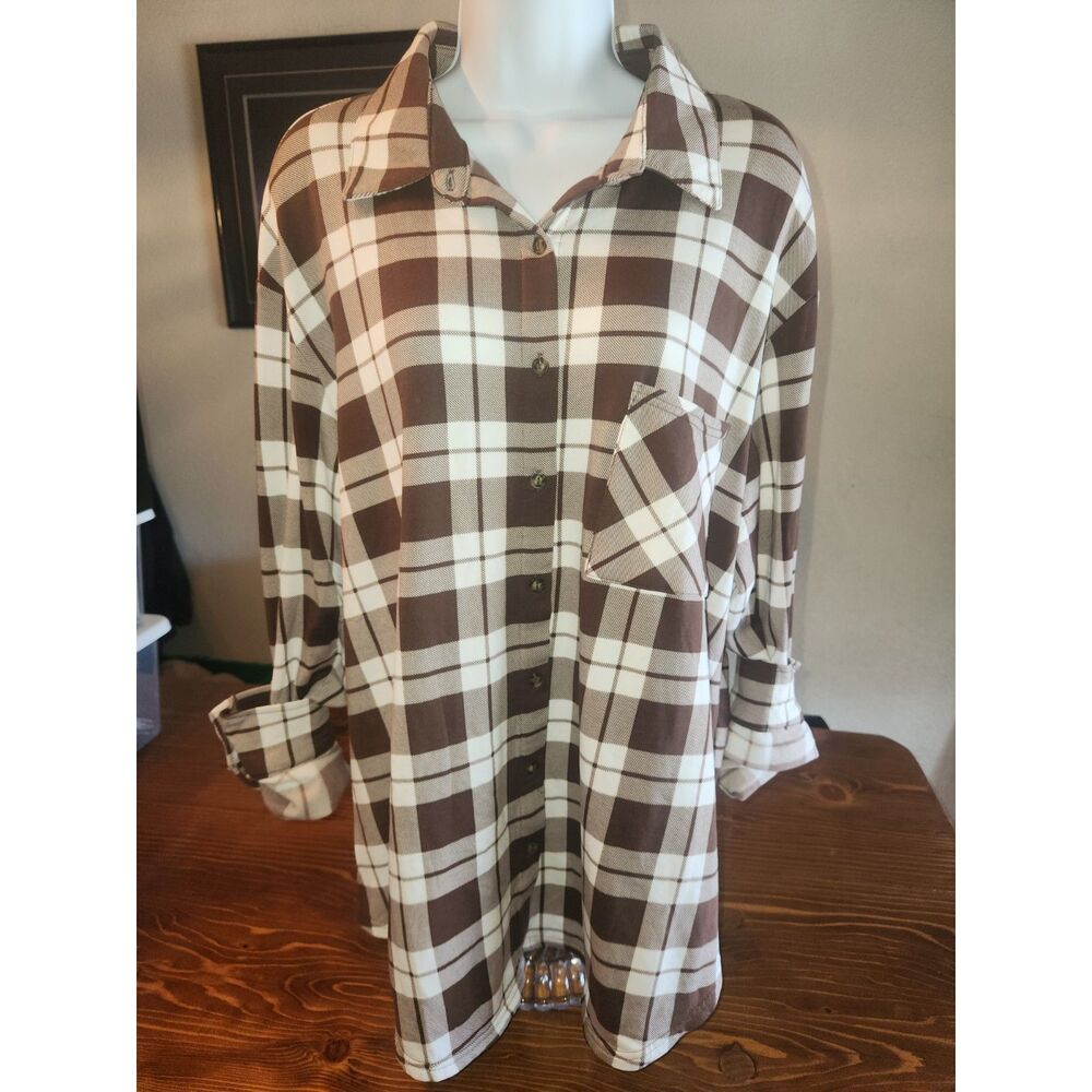 NWT Fashion Nova Brown Plaid Button Up Long Sleeve Shirt Flannel Size M Medium